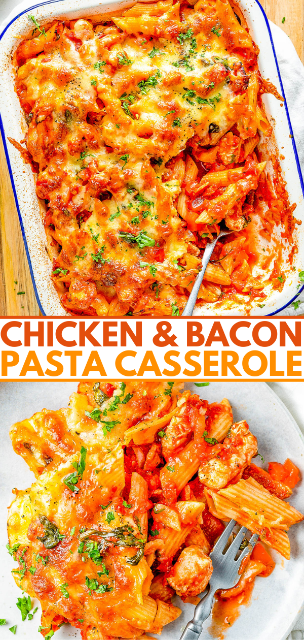 A casserole dish with chicken and bacon pasta topped with melted cheese, and a serving on a plate with a fork.