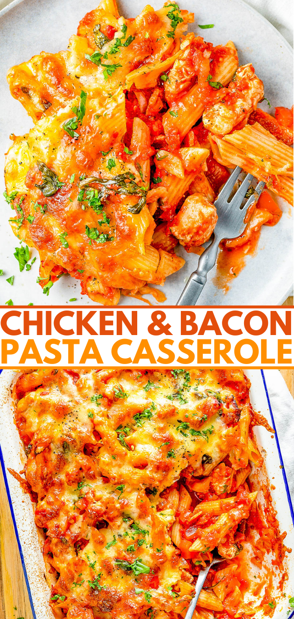 Chicken and bacon pasta casserole topped with melted cheese and herbs, served on a plate with a fork.
