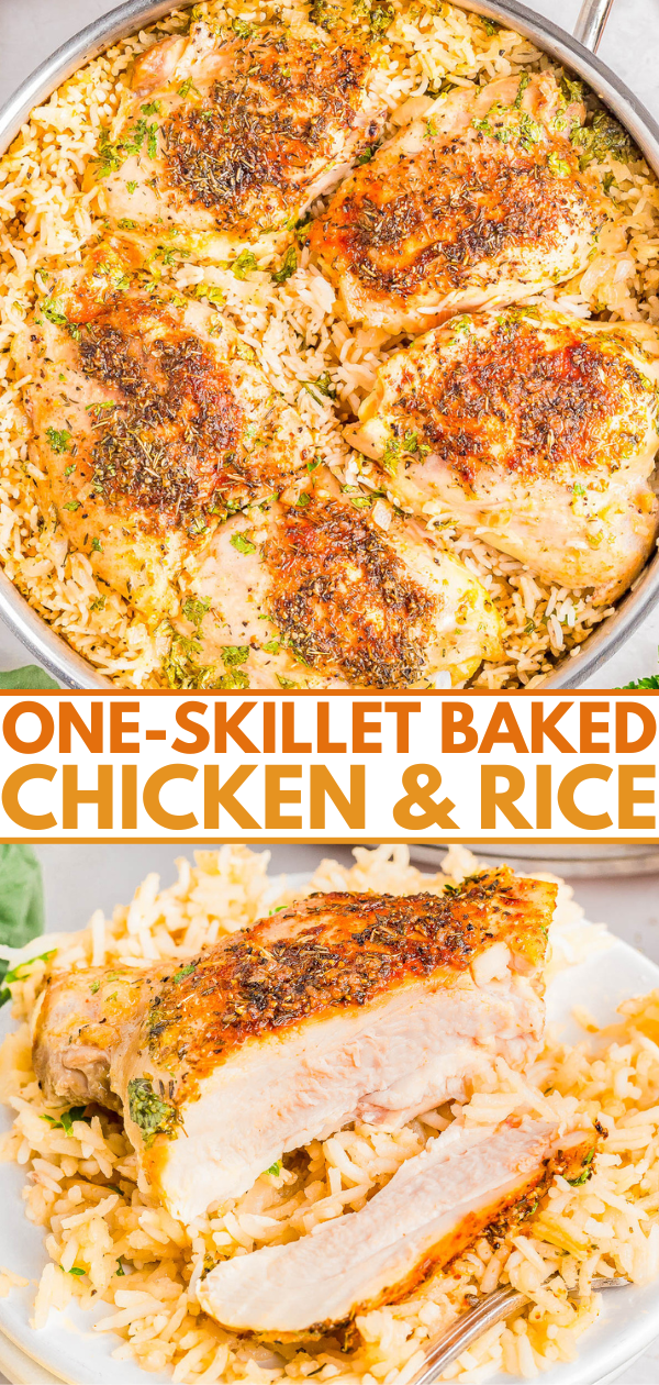 One-skillet baked chicken and rice dish with seasoned chicken breasts on a bed of rice.