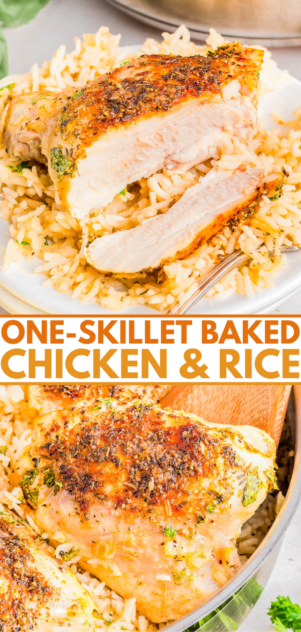 Baked chicken with crispy skin served over rice, topped with herbs. Two images show a sliced portion on a white plate and a skillet view with a wooden spoon. Text: