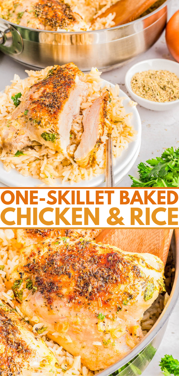 One-skillet baked chicken and rice dish in a pan and on a white plate, garnished with parsley, next to a small bowl of seasoning.