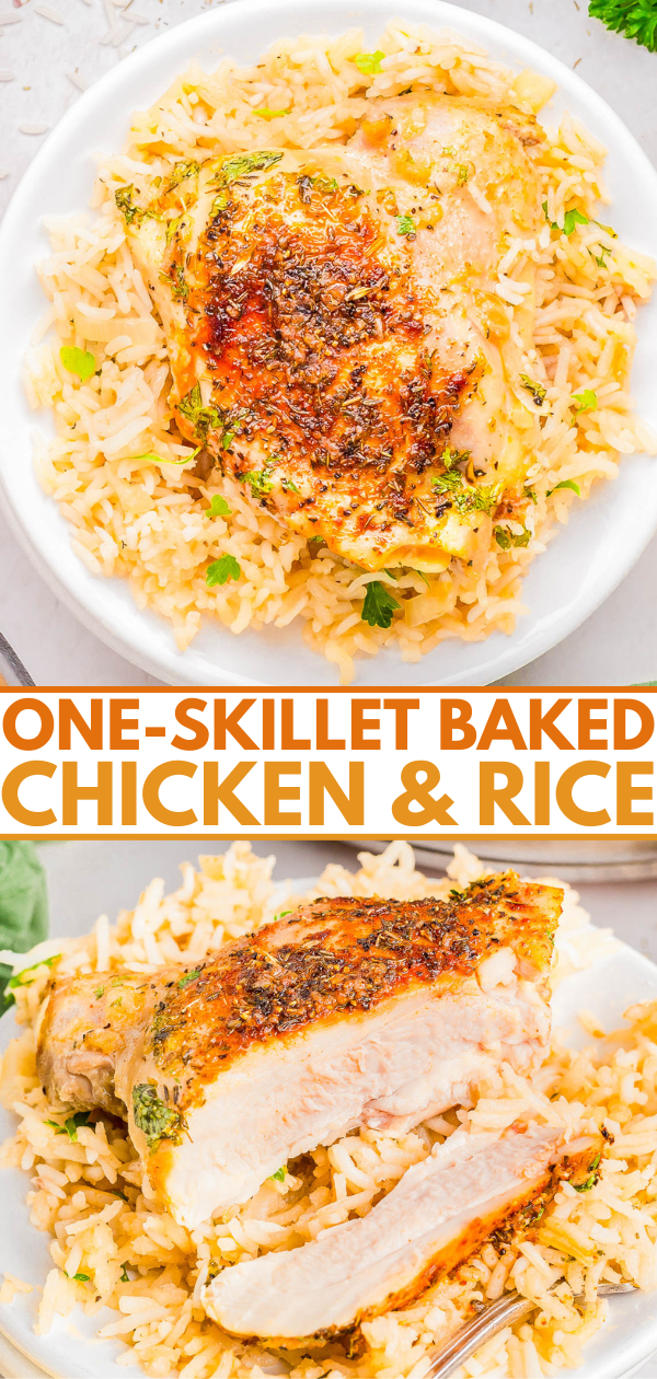 Plate of baked chicken on rice with herbs, accompanied by a text saying