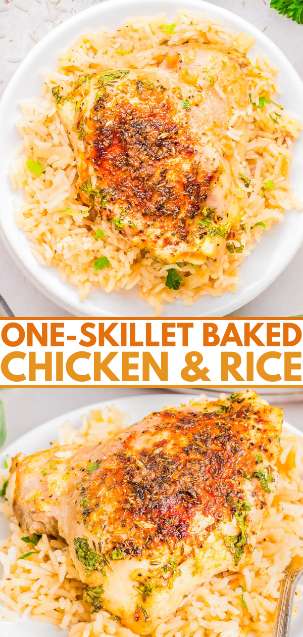 Baked chicken thigh on seasoned rice with herbs, presented on a white plate. Text overlay reads