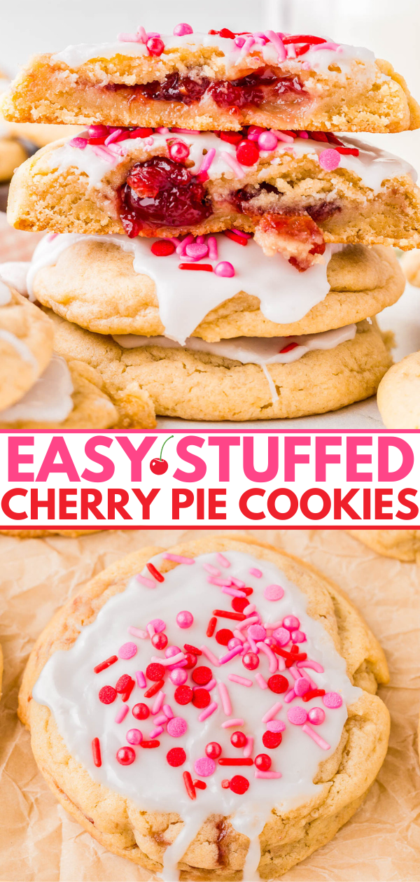 Stack of cherry-filled cookies with white icing and pink sprinkles on top, with a banner reading
