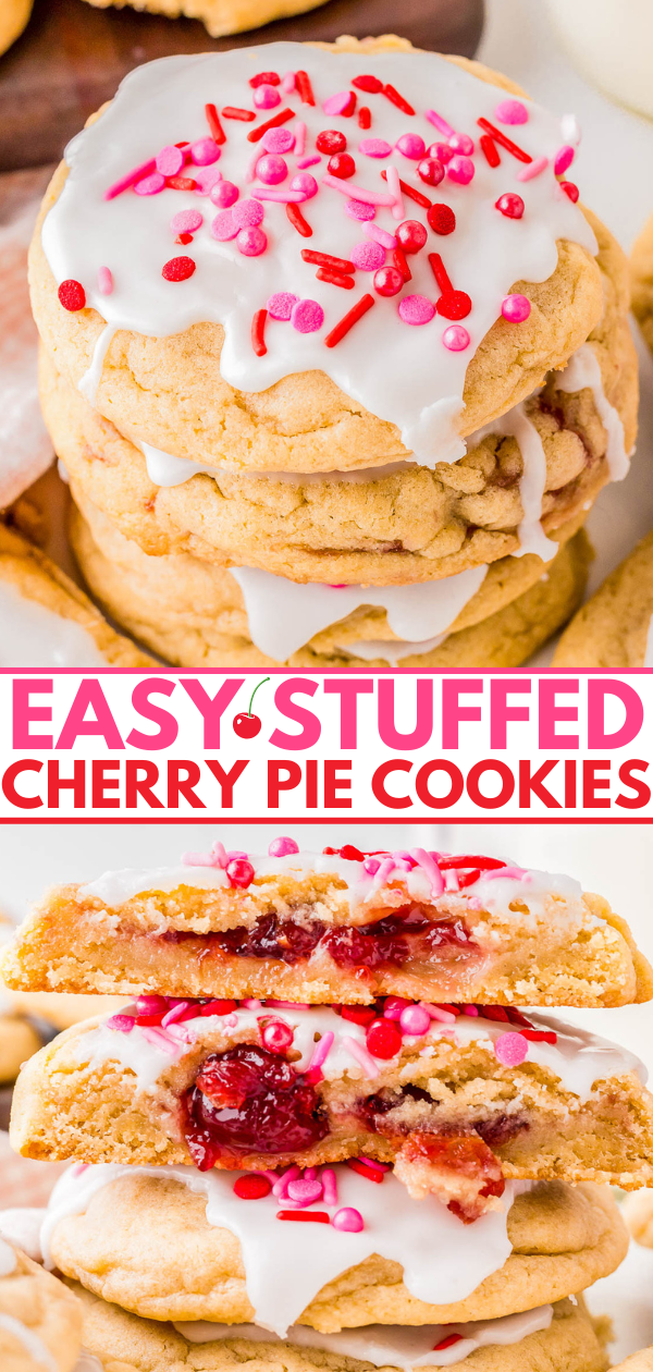 Stack of iced cookies with red and pink sprinkles on top. Bottom section shows a cross-section revealing a cherry filling. Text reads