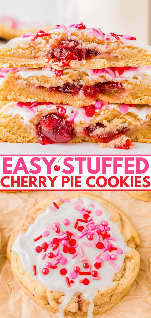 Stack of cherry pie cookies with icing and colorful sprinkles; one cookie shown individually below with same toppings. Text reads: Easy Stuffed Cherry Pie Cookies.