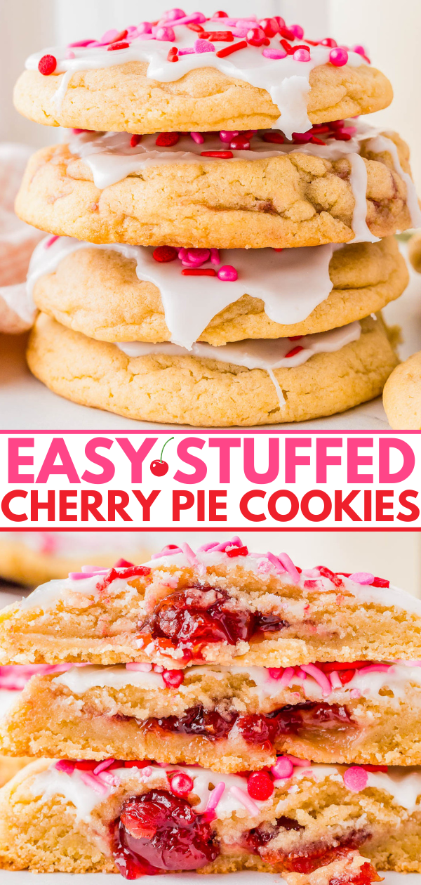 Stack of cookies with icing and red sprinkles, labeled