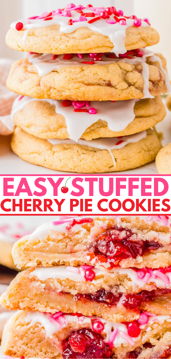 Stack of iced cookies with pink sprinkles and a cherry filling, labeled