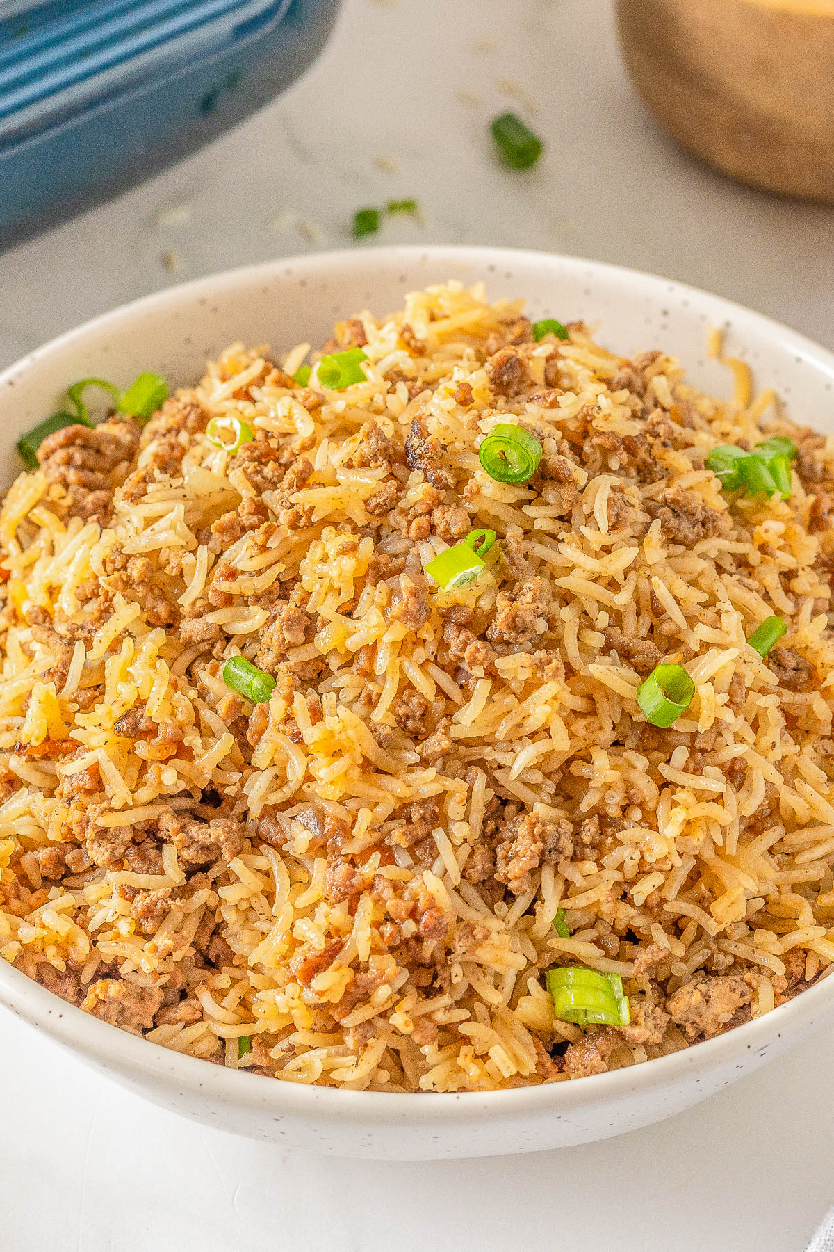 A bowl of seasoned rice mixed with ground meat and garnished with chopped green onions.