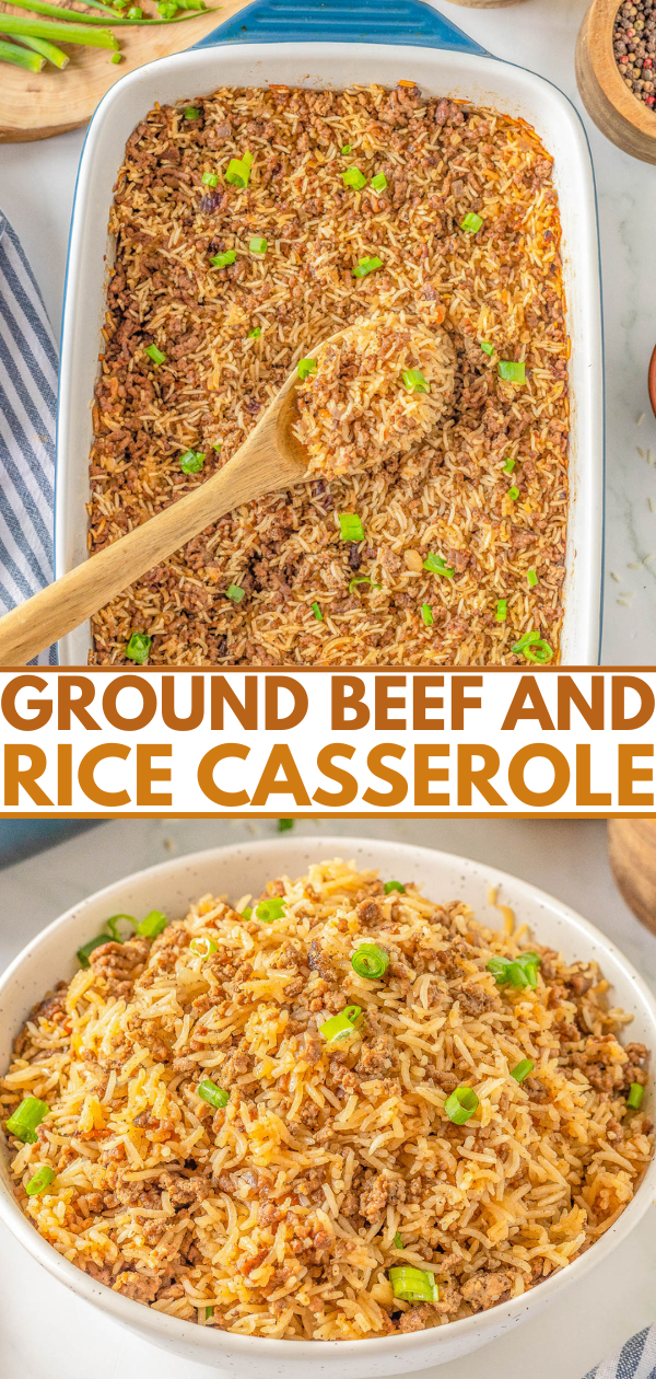 Baked ground beef and rice casserole in a dish with a wooden spoon, garnished with green onions. Text overlay reads