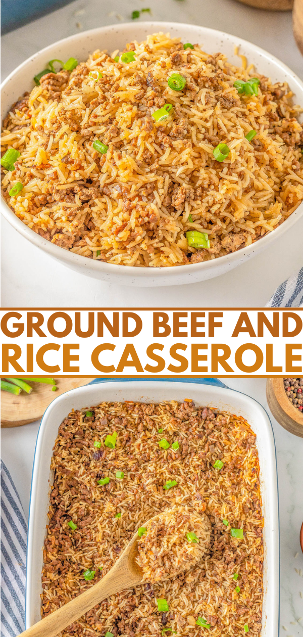 Two dishes of ground beef and rice casserole topped with green onions.