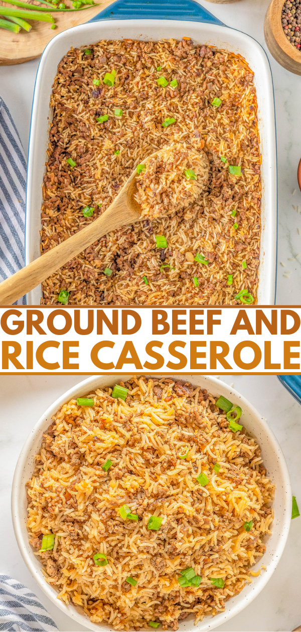 Two images of a baked ground beef and rice casserole in a blue dish and a white bowl, garnished with chopped green onions.