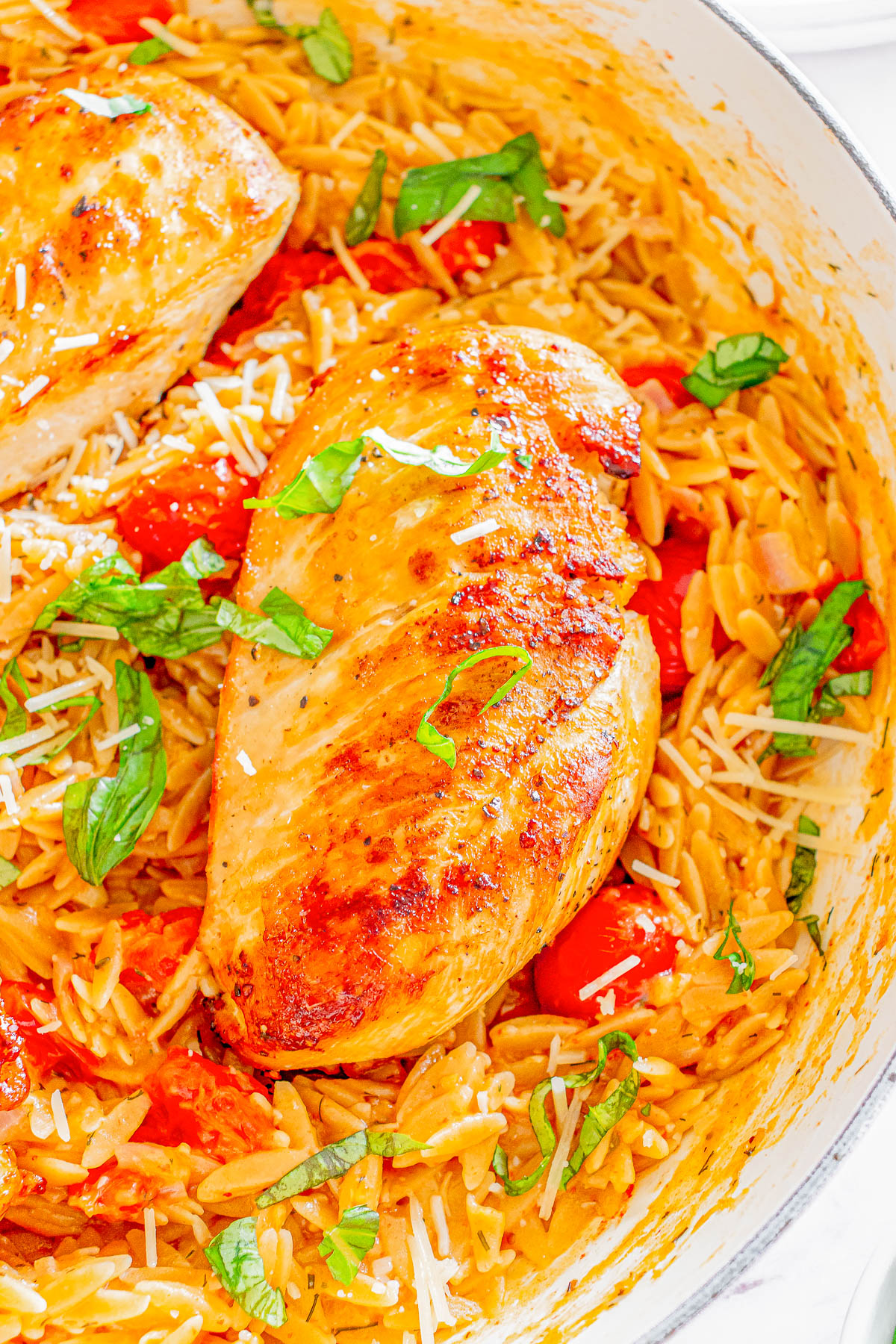 Chicken breast on a bed of cooked orzo with tomatoes, garnished with grated cheese and basil in a pan.