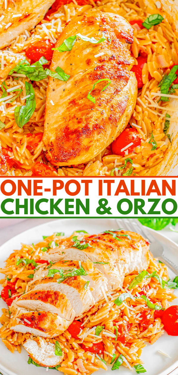 Grilled chicken breast on a bed of orzo pasta with tomatoes and basil, topped with shredded cheese.