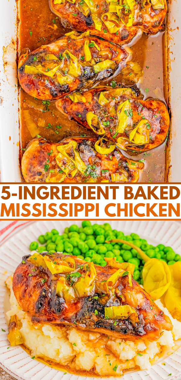 Baked chicken topped with peppers and herbs in a dish. Below, a serving of chicken on mashed potatoes with peas and pepper slices on a plate. Text: