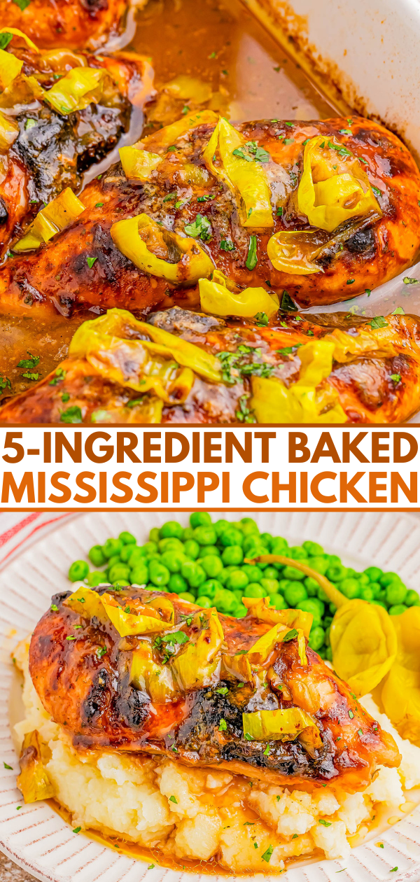 Close-up of baked chicken topped with banana peppers in a dish. Second image shows a serving on mashed potatoes with peas. Text reads