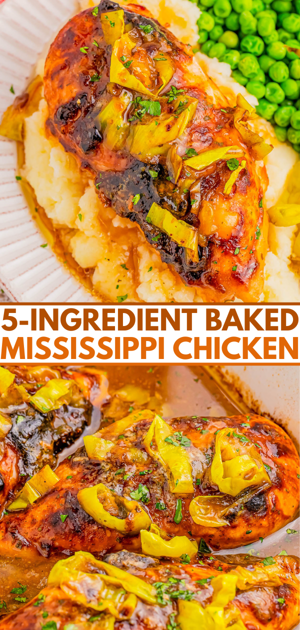 Baked chicken with pepper slices and garnish on mashed potatoes, served with green peas. Text reads: