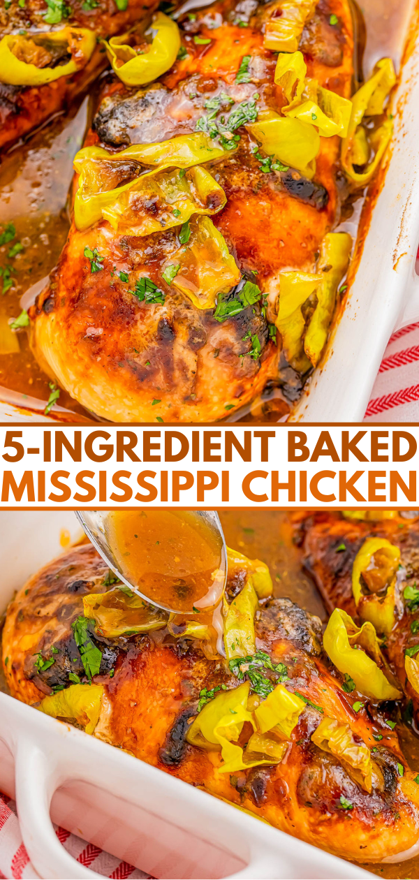 Baked chicken in a dish, topped with sliced peppers and herbs, with a spoon drizzling sauce. Text overlay reads,
