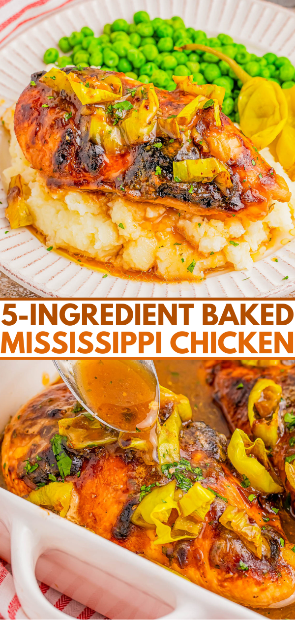 Baked chicken topped with peppers and sauce, served over mashed potatoes with a side of peas. Text reads