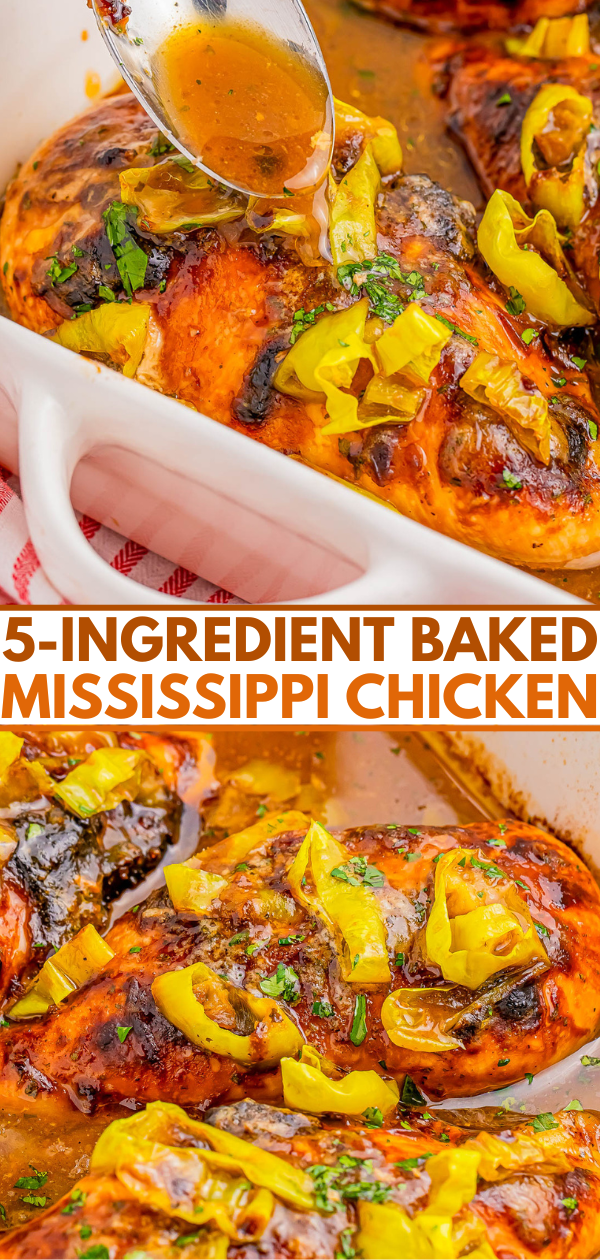Baked chicken topped with sliced peppers and herbs, shown in a white dish with a spoon pouring sauce over it. Text reads