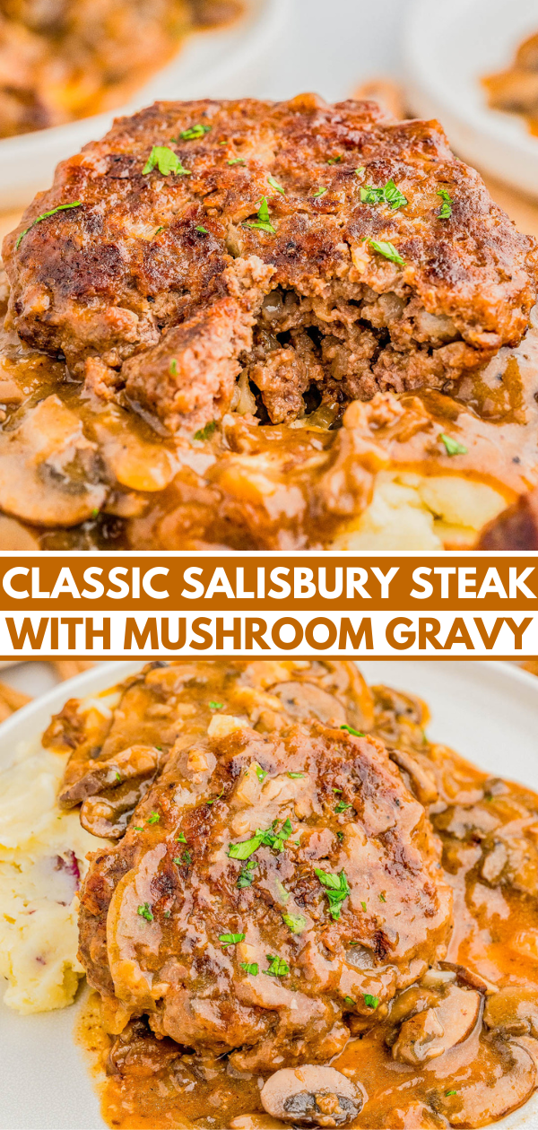 Close-up of Salisbury steak with mushroom gravy, garnished with herbs, on a plate with mashed potatoes. 