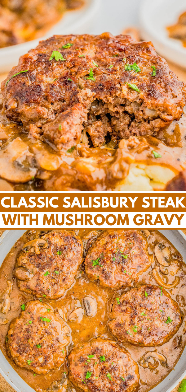 Salisbury steaks with mushroom gravy in a skillet, garnished with herbs; a piece is cut from one steak, showing the texture inside.