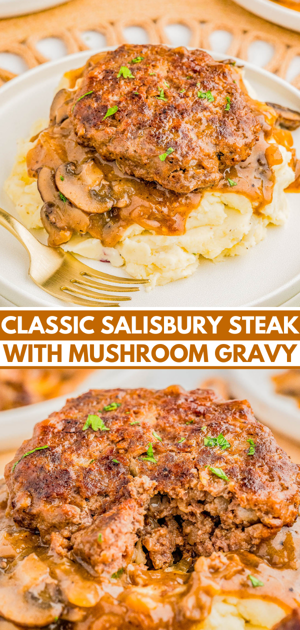 A plate of Salisbury steak with mushroom gravy on mashed potatoes, garnished with herbs. 