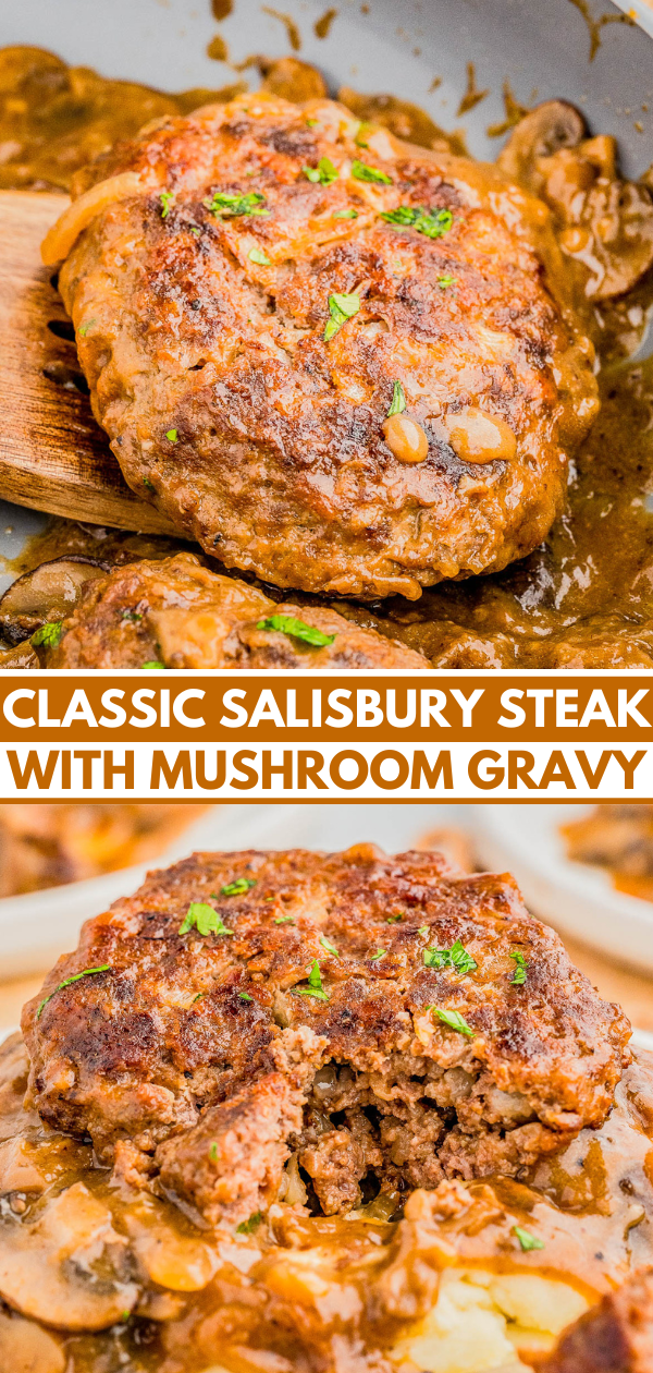 Salisbury steak with mushroom gravy on a wooden spatula, garnished with herbs.