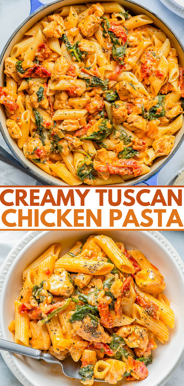 A skillet and a bowl of creamy Tuscan chicken pasta with penne, tomatoes, spinach, and chicken pieces, garnished with herbs.
