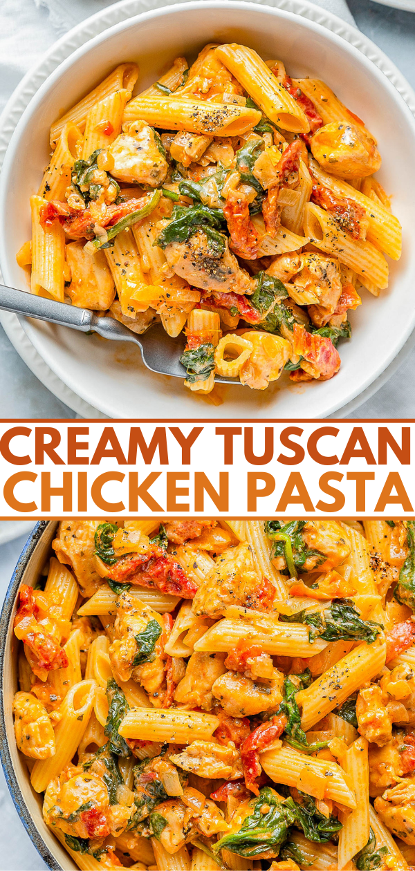 Two dishes of creamy Tuscan chicken pasta with penne, chicken pieces, tomatoes, spinach, and a creamy sauce.