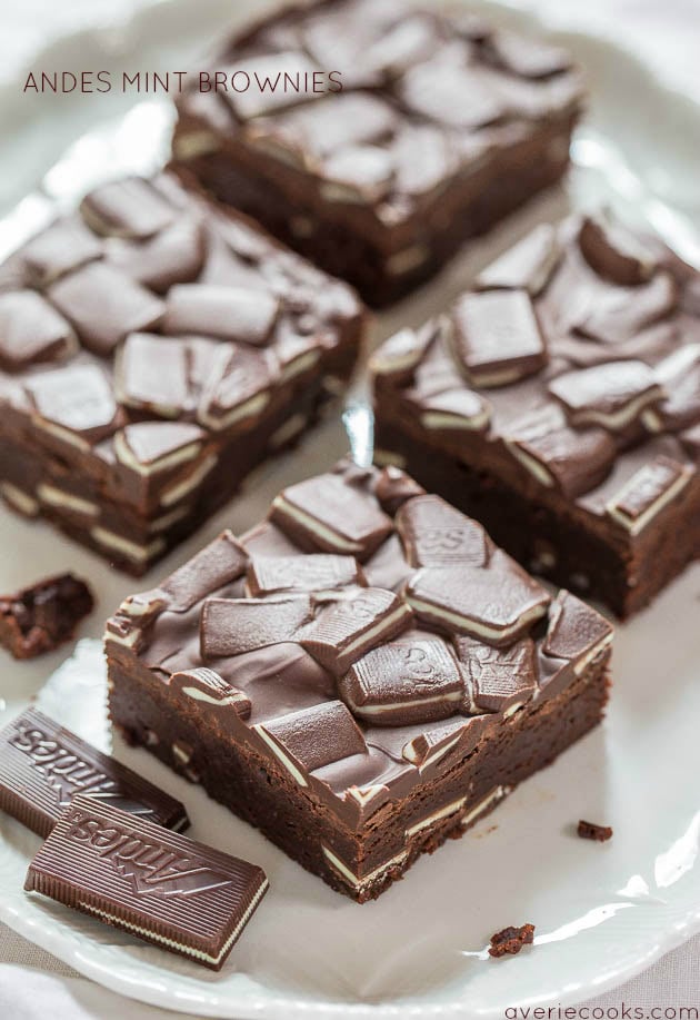 Andes Mint Brownies - Super fudgy brownies loaded with Andes! Chocolate + mint is the best! Meet your new favorite brownies and so easy!!