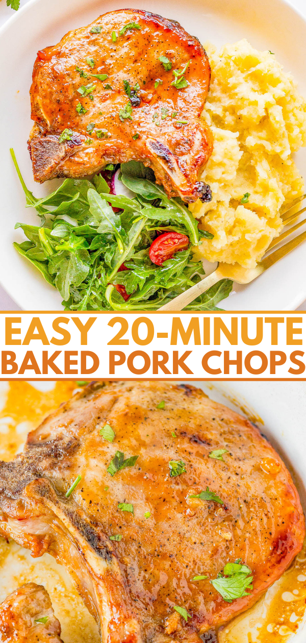 Top image: Pork chop with mashed potatoes and salad. Bottom image: Close-up of baked pork chop with herbs. Text: