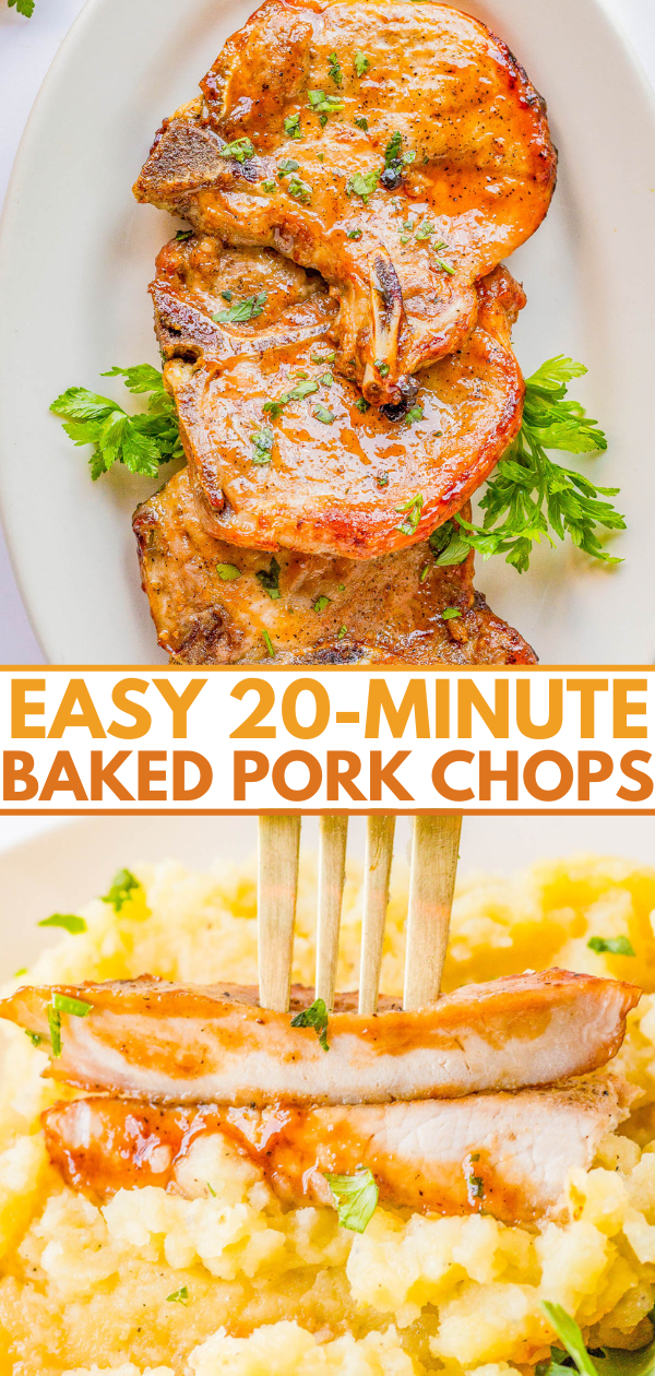 Grilled pork chops on a plate garnished with herbs, and sliced pork chop on mashed potatoes with a fork. Text reads