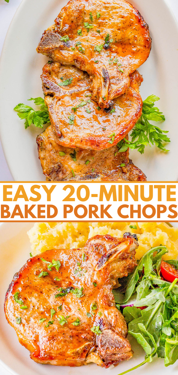 Two images of baked pork chops garnished with parsley; the top shows chops on a plate, and the bottom displays one chop with mashed potatoes and salad. Text reads: