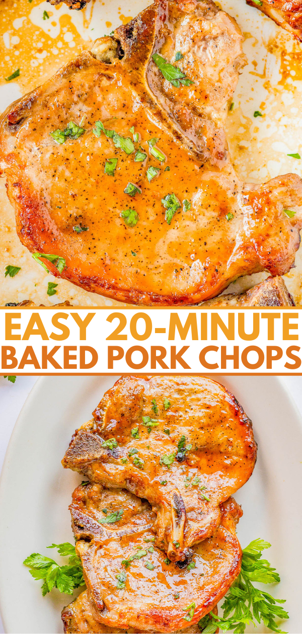 Baked pork chops with a golden-brown glaze, garnished with chopped herbs, shown on a white plate. Text reads