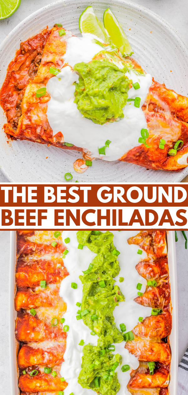Plate of ground beef enchiladas topped with sour cream, guacamole, and green onions, garnished with lime wedges.