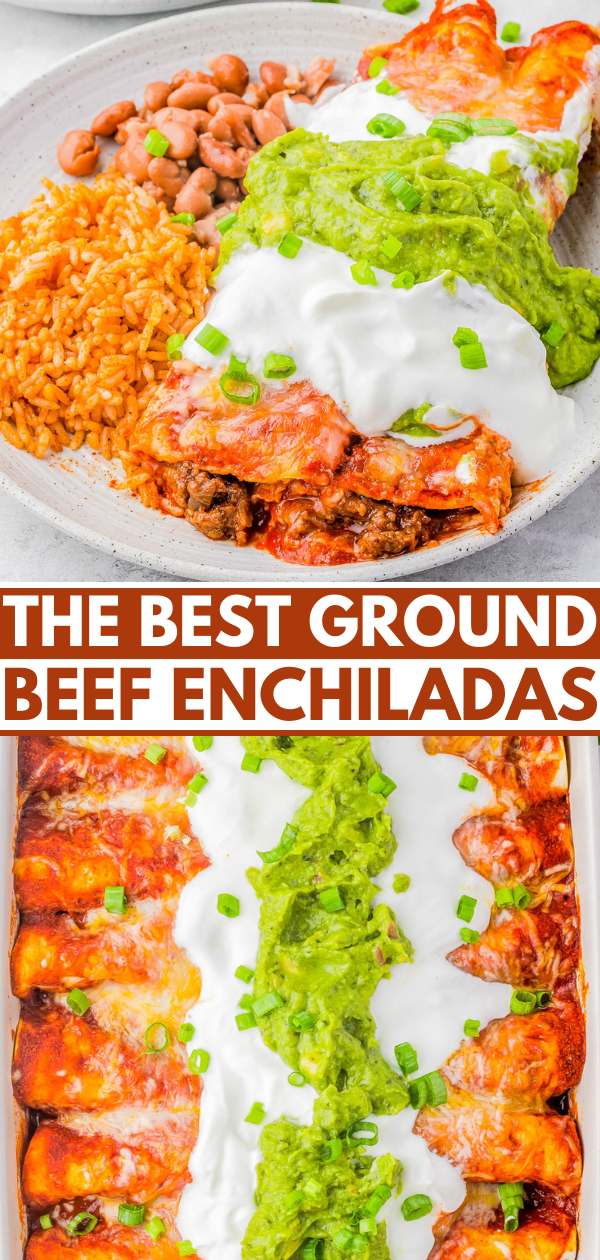 Plates of ground beef enchiladas with melted cheese, topped with sour cream, guacamole, and green onions, served with rice and beans, labeled