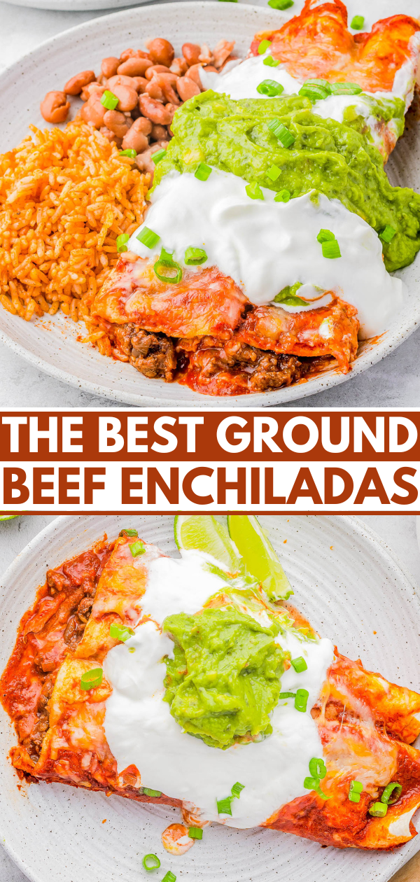 Plate of beef enchiladas topped with sour cream and guacamole, served with rice and beans.