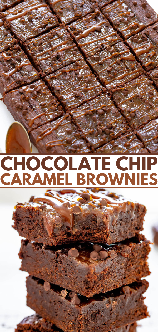Chocolate chip caramel brownies displayed in two views: a full sliced tray and a stack of three with caramel drizzle.