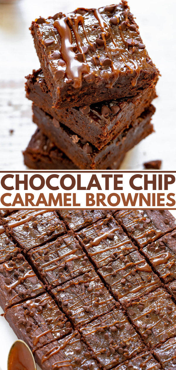 A stack of chocolate chip caramel brownies with a drizzle on top. Below, a full pan of sliced brownies with drizzled caramel.