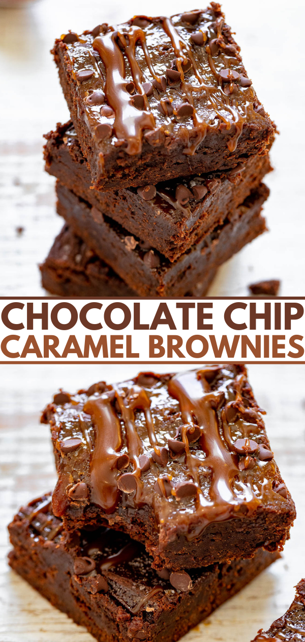 A stack of chocolate chip caramel brownies drizzled with caramel sauce.