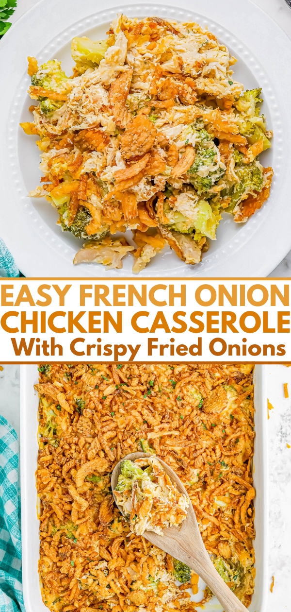 Plate and casserole dish of French onion chicken casserole topped with crispy fried onions.