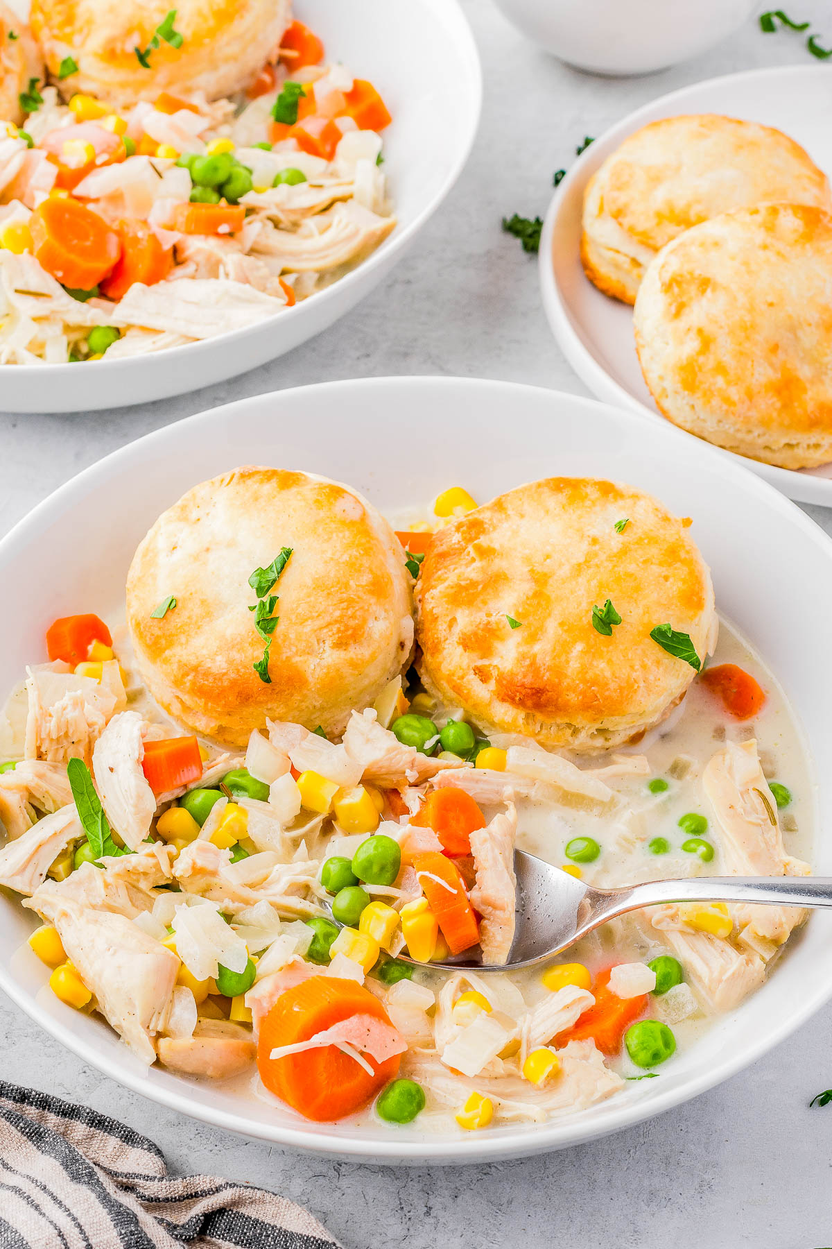 Bowl of creamy chicken and vegetable stew topped with two biscuits, containing carrots, peas, corn, and shredded chicken, garnished with parsley. Additional plate with biscuits in the background.
