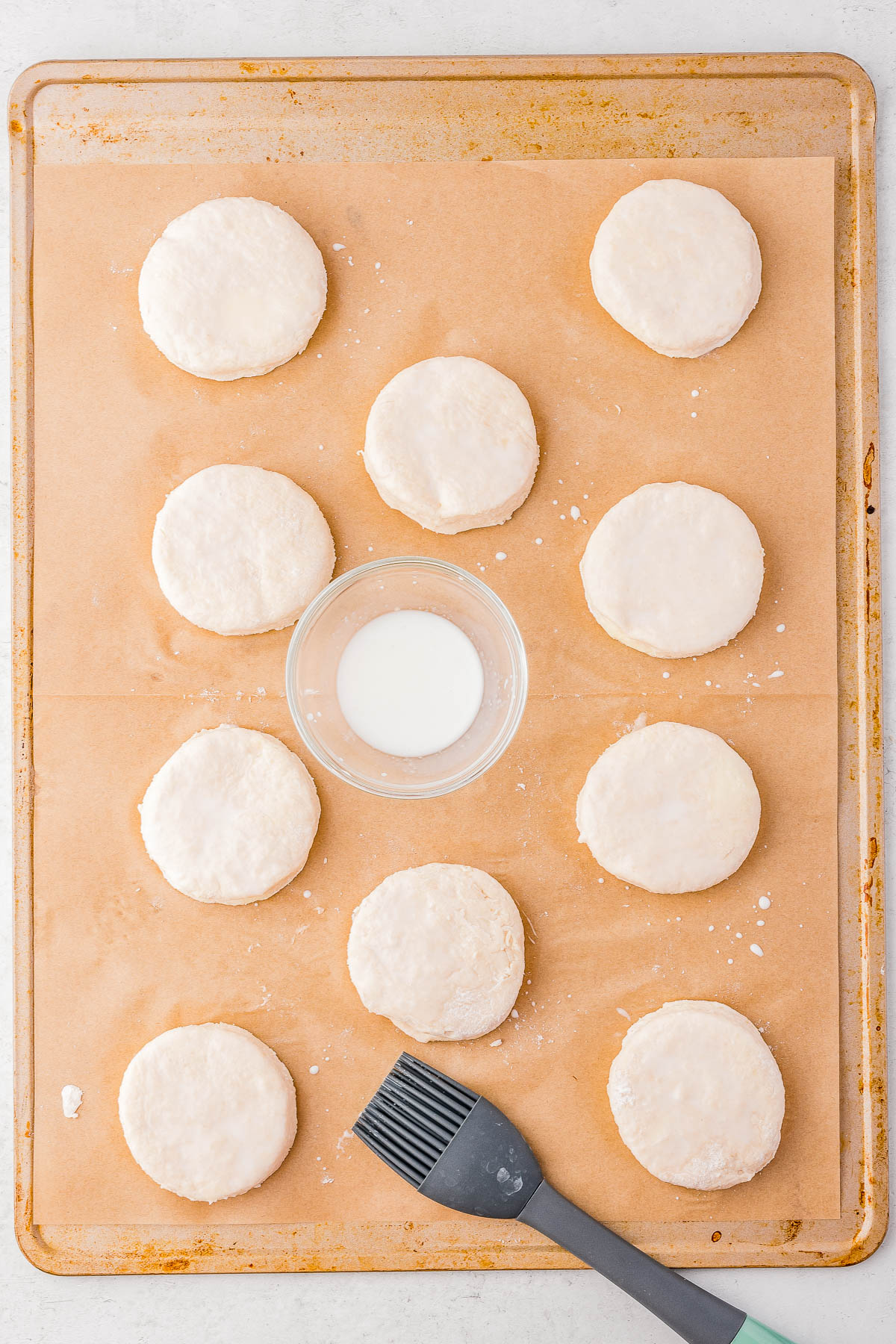 Unbaked round biscuits on a parchment-lined baking sheet with a small bowl of milk and a pastry brush.