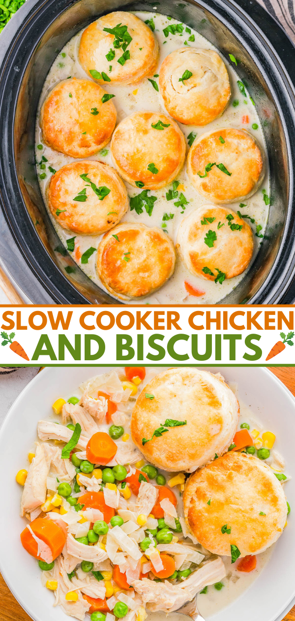 Slow cooker chicken stew topped with baked biscuits and garnished with herbs. Plate shows chicken, vegetables, and biscuits served separately.