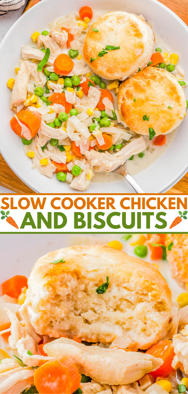 Slow cooker chicken stew with peas, carrots, corn, and two biscuits on top of a white plate. Text overlay reads
