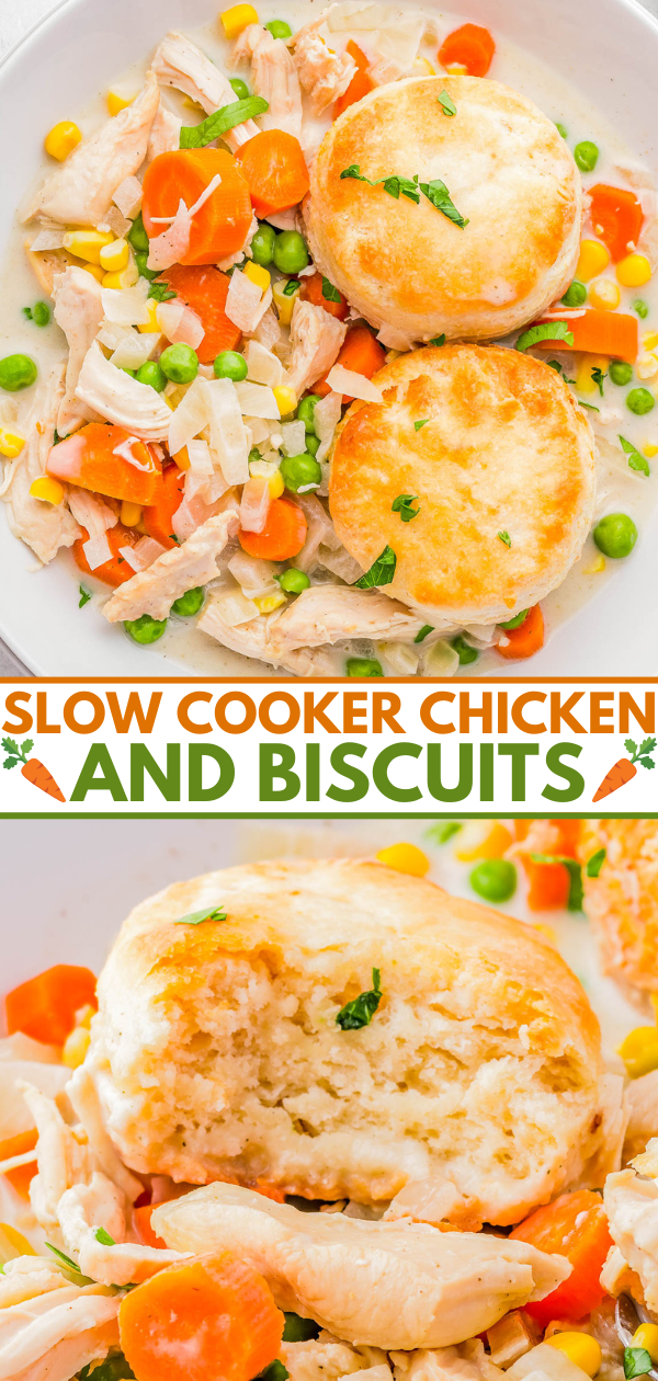 A bowl of chicken stew with carrots, peas, and two biscuits on top. The text reads