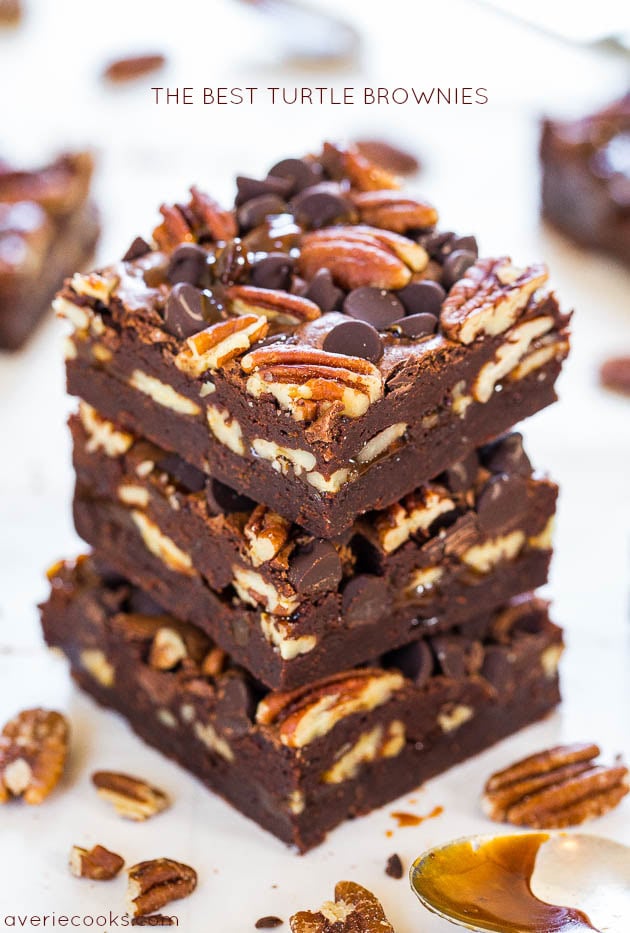 The Best Turtle Brownies - Super fudgy and loaded with chocolate, pecans and caramel! So.crazy.good!!!