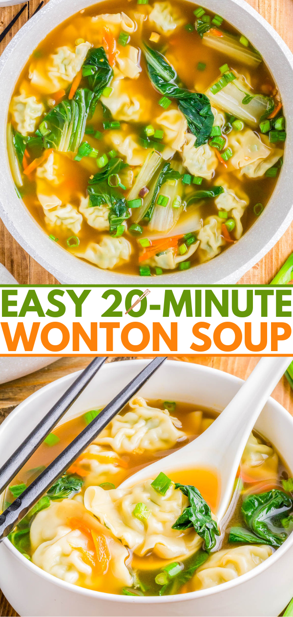 Two bowls of wonton soup with vegetables and herbs, accompanied by chopsticks. Text overlay reads, 