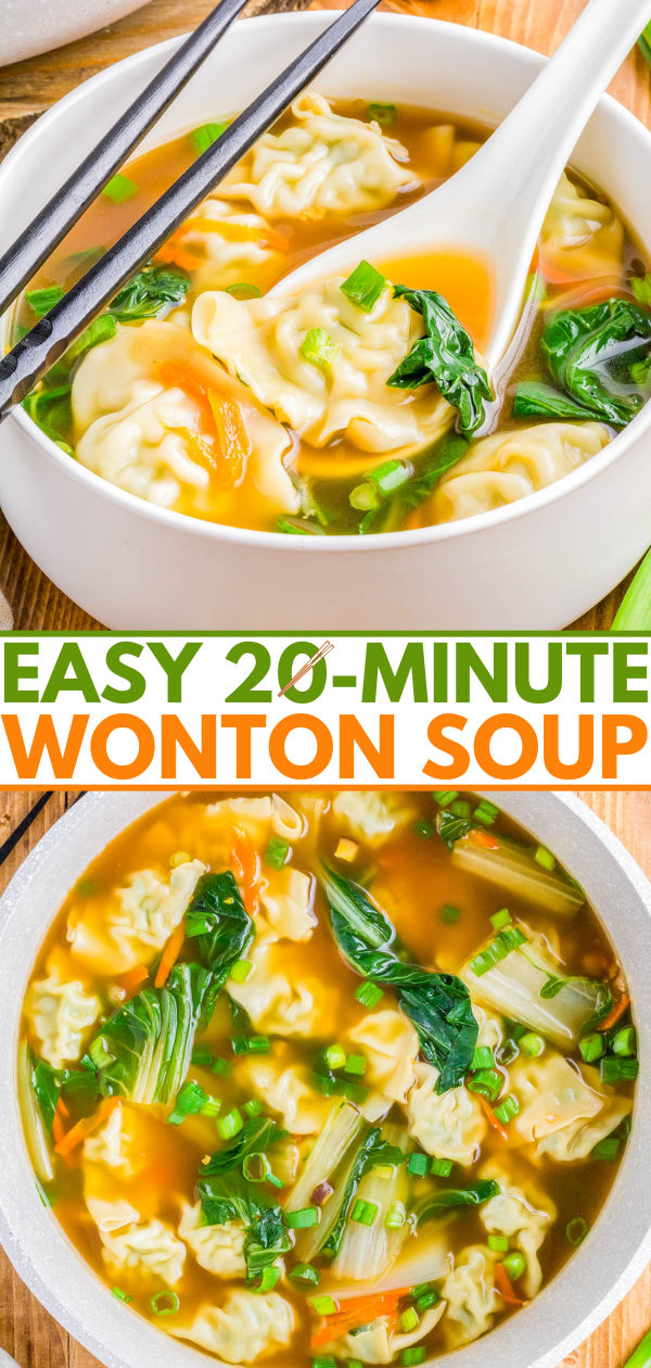 Bowl of wonton soup with vegetables and chopsticks.